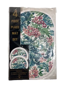 Juego de barra de desayuno vintage años 90 vinilo ovalado 2 manteles individuales 2 posavasos verde azulado rosa floral - Imagen 1 de 4