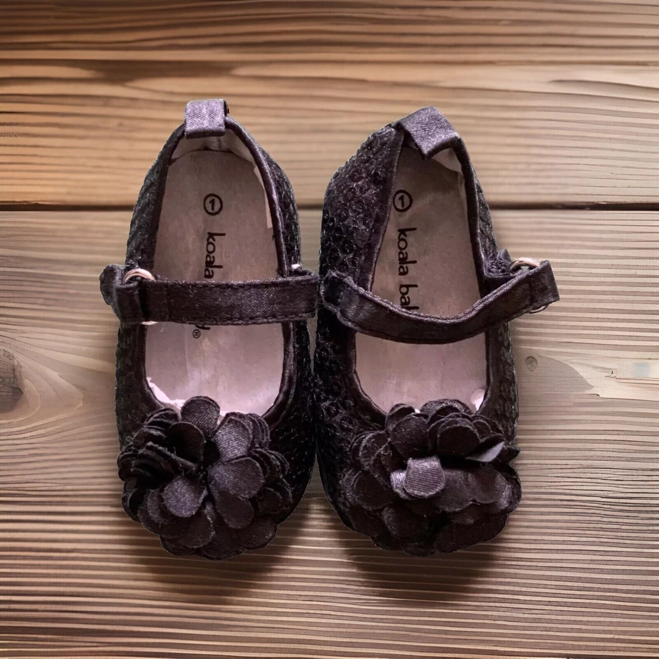 Koala Bebé Lentejuelas Mary Jane Negro Suave Zapatos con Lazo Talla 1 Foto 1 de 4
