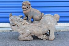 Antique Chinese Wood Carved Statue / Combination of Kylin, Cow, Fu Foo Dog w Cub