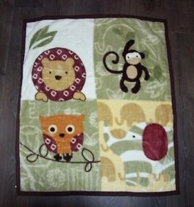 COCALO Baby Jungle Safari Blanket Lion Monkey Owl Elephant Green Brown Plush - Picture 1 of 2