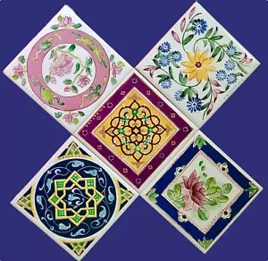 5 Hand-Painted Ceramic Tiles from Singapore ~ 4.25" x 4.25" ~ NEW CONDITION - Picture 1 of 6