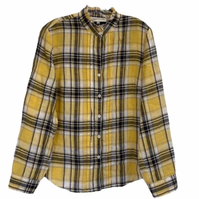 Jones NY Linen Blouse Yellow Prairie Plaid Ruffle Neck Womens S Button Up Shirt - Image 1 of 4