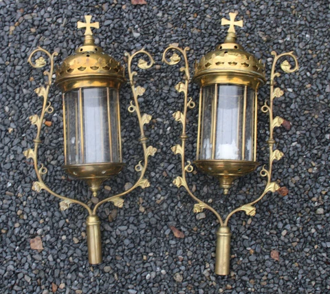 PAIR antique French Procession copper Lamps neo gothic church religious lights Cover
