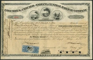 USA: Columbus, Chicago and Indiana Central Railway Co., $100 shares, 1870's - Picture 1 of 1