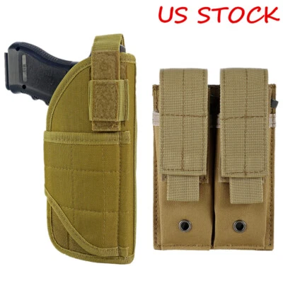 US Tactical Right Handed Gun Holster Molle Pistol Holster with Double Mag Pouch - Image 1 of 4