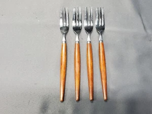 Set of 4 MCM Dutch Holland Stainless Pastry Fork Teak Wood Handle - Picture 1 of 8