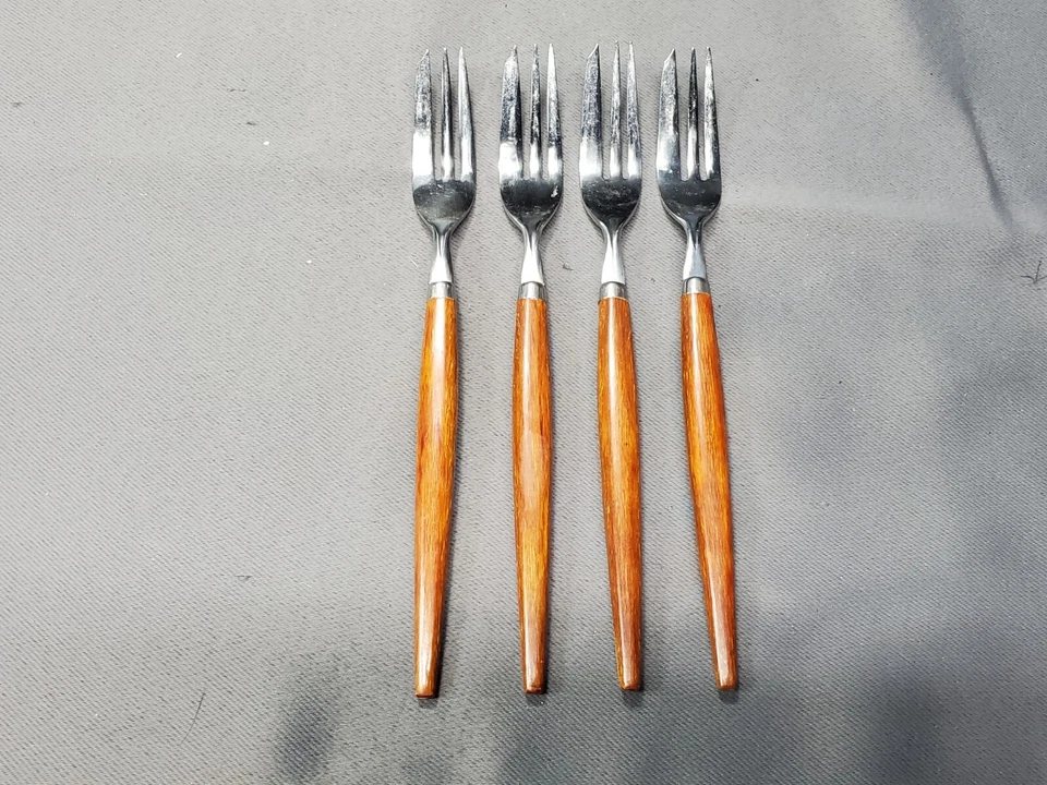 Set of 4 MCM Dutch Holland Stainless Pastry Fork Teak Wood Handle - Image 1 of 4