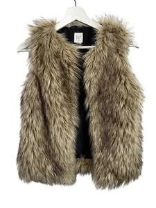 Gap Jacket Girls Large Kids Faux Fur Vest Winter Fall Sleeveless Open Brown Tan - Picture 1 of 13