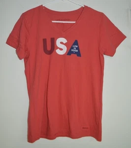 Life Is Good Womens V-Neck T-Shirt Small Red USA Patriotic 4th of July - Picture 1 of 6