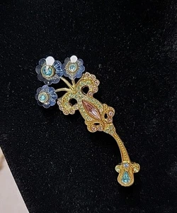 Broche ramo floral azul tono dorado cristal Swarovski años 90 con pedrería - Imagen 1 de 7