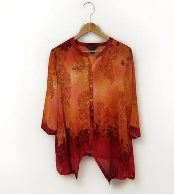 Blusa túnica Citron Santa Monica para mujer M naranja roja 100 % seda floral asiática Foto 1 de 4