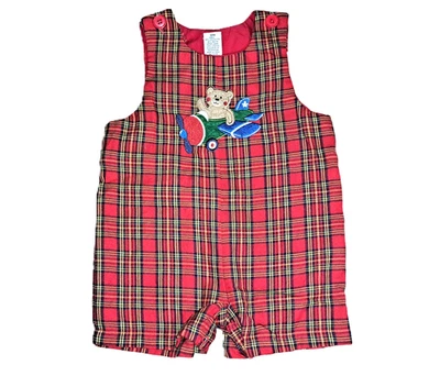 Niños Rojo Tartán Cuadros NAVIDAD Mameluco 12 18 Meses Aplique Oso Avión Negro Foto 1 de 4
