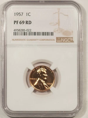 1957 PROOF LINCOLN CENT - NGC PF-69 RD, VIRTUALLY PERFECT! - Image 1 of 3