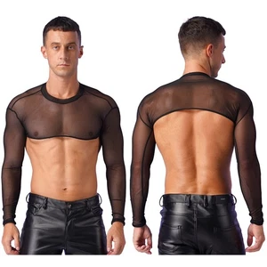 #M Para Hombres Malla Transparente Manga Larga Camiseta Elastizada Calce Ajustado Medio Corto Top Pullover - Imagen 1 de 9