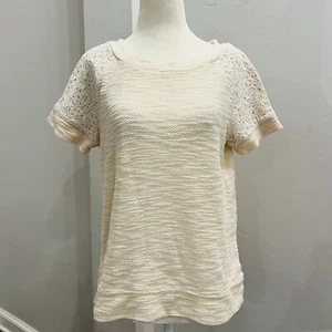 LOU & GREY Cream Lace Terrycloth Top Size S Raglan Short Sleeve T-Shirt Blouse - Picture 1 of 4