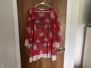 Rewind Strickjacke Damen XXL rot offen Blumen Häkeldetail Landhaus Kern Boho - Bild 1 von 4