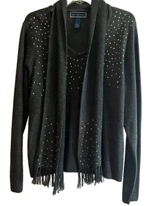 Karen Scott Sweater Women Sz L Embellished Dk Charcoal L-Sleeve Acrylic w/Scarf - Picture 1 of 10