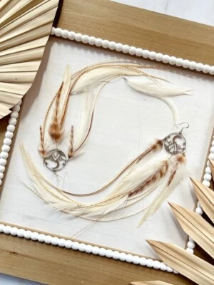 Elegant Beige and White Feather Earrings with Moon Accents – Bohemian Jewelry - Image 1 of 4