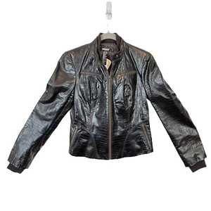 DKNY Biker Cuffed Jacket Neiman Marcus Vintage Women Brown Embossed Leather  - Picture 1 of 12