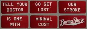 Set of 6 BURMA SHAVE Advertising Signs - Reproduction White on Red - Picture 1 of 7