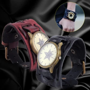 Retro Cool Punk Wrist Strap Watch Wide Leather WristBand Bracelet Cuff Men Women - Picture 1 of 10