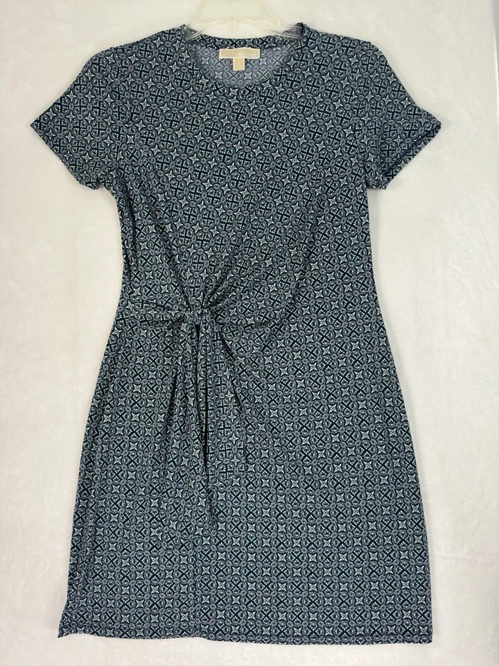 Vestido Michael Kors Grande Mangas Cortas Imitación Envoltura Estampado Azul Hasta la Rodilla Para Mujer Foto 1 de 4