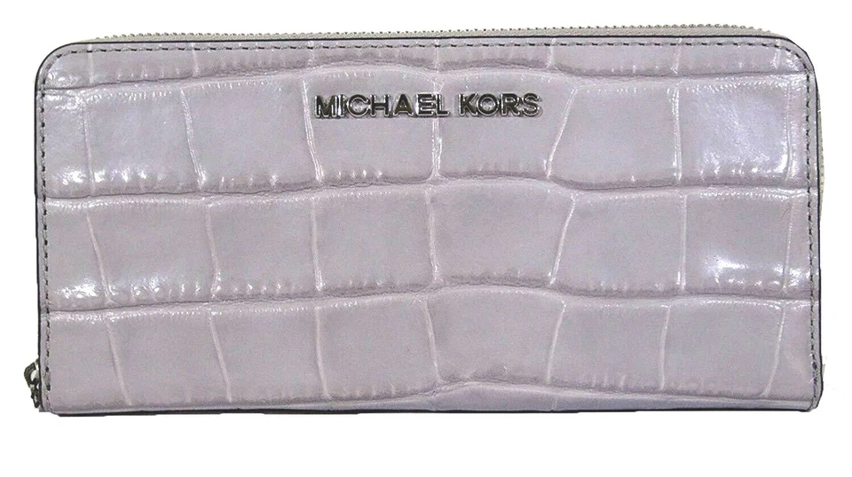 Michael Kors Jet Set Croco Embossed Zip Around CONTINENTAL Leather Wallet Gray