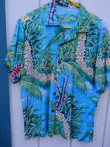 VINTAGE 90'S MEN'S PALM TREE & FLORAL PRINT HAWAIIAN SHIRT SZ LARGE FABRIC RAYON - Picture 1 of 4