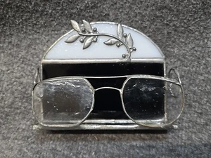 Black White Floral Eyeglass Stained Glass Pewter Business Card Holder - Picture 1 of 8