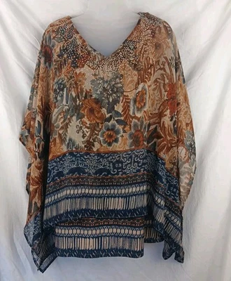Est. 1946  Kimono Sleeves Blouse Top V-neck  Floral Brown Blue Size 18/20W (2XL) - Image 1 of 4