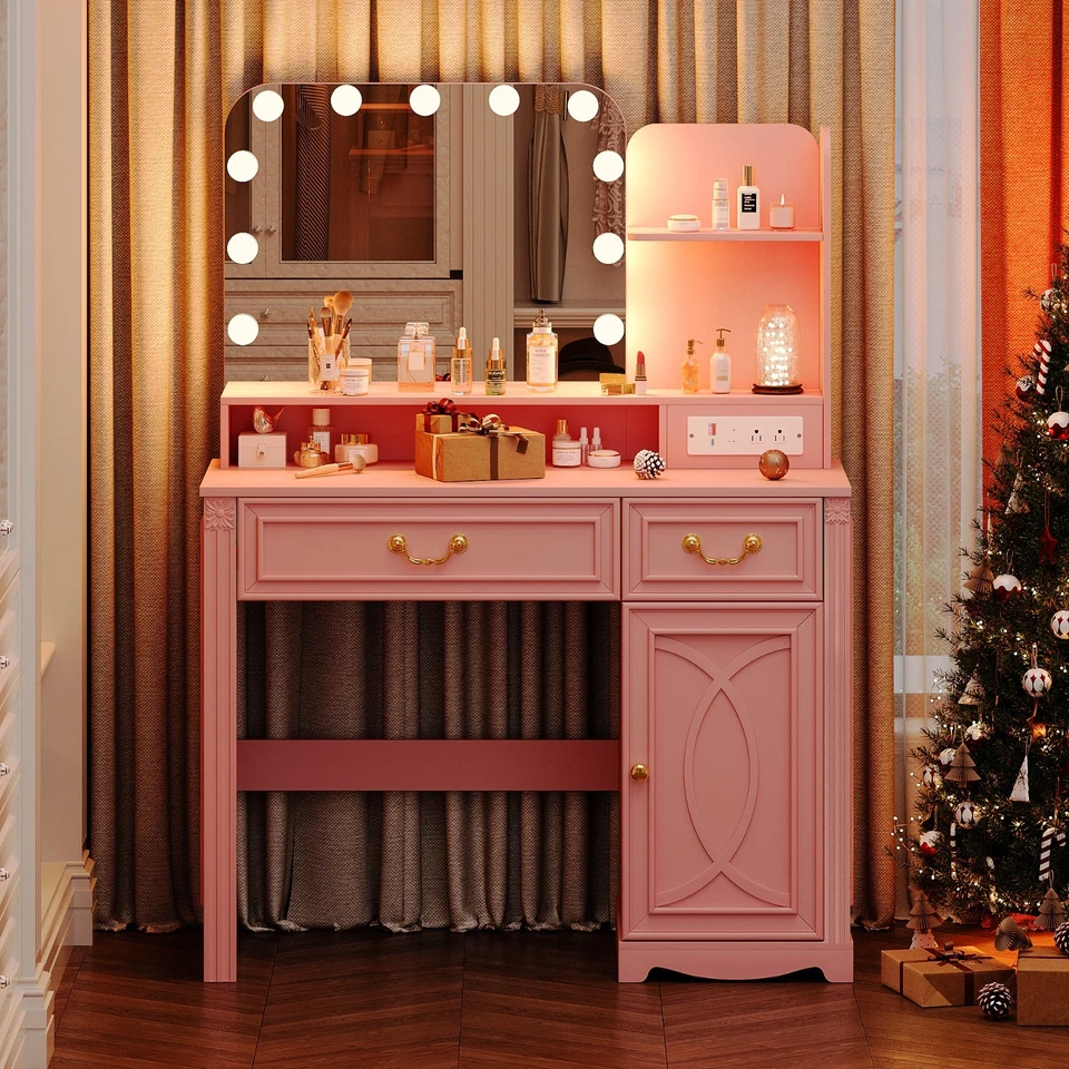 Makeup Vanity Desk with Lights Mirror, Vanity Set with Power Outlet & 2 Drawer - Image 1 of 1