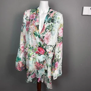 Rococo Sand wrap mini dress large Isa floral blouson Resort Glam Ibiza - Picture 1 of 14