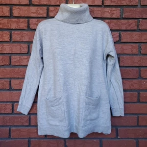 Talbots 100% Merino Wool Turtleneck Sweater Size M Gray Pullover Patch Pockets - Picture 1 of 10
