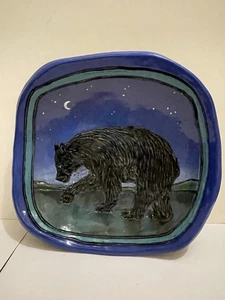 Blue Moon Clay Carvers Ceramic Dish/Bowl W/ Hand Carved Bear Signed Bisaillon - Picture 1 of 6