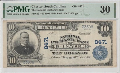 19O2 $10 CHESTER SOUTH CAROLINA   NATIONAL EXCHANGE BANK PROBLEM FREE PMG VF 30 - Image 1 of 2