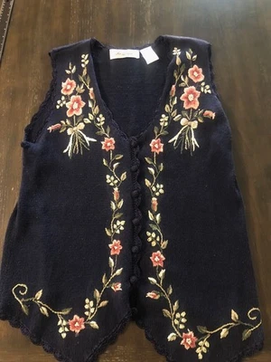 Vintage David Lee Talla 1X Bordado Suéter Chaleco Floral Flores Azul Oscuro Rosa Foto 1 de 4