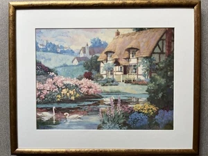 Ray Burdzinski Cottage House Print Framed Vintage Watercolor Swans Flowers Lake - Bild 1 von 9