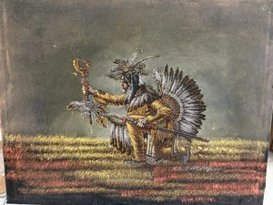 Pintura al óleo de terciopelo Ernesto Sánchez de colección años 60 jefe tribal indio americano - Imagen 1 de 12