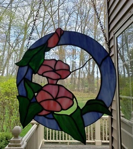 Stained Glass Art Window Hanging Genuine Handcrafted 12" Round Floral with Chain - Picture 1 of 6
