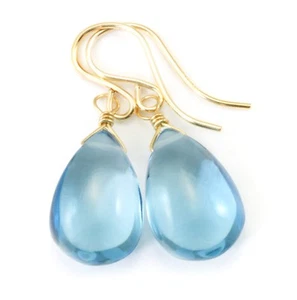 14k Gold London Blue Simulated Topaz Earrings Smooth Sterling Silver Teardrops - Picture 1 of 4