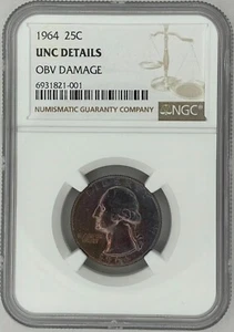 Rainbow-Toned 1964 Washington Silver Quarter, NGC Unc. Details, Obv. Damage - Picture 1 of 4