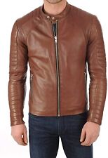 Men's Quilted Pure Authentic Sheepskin Leather Jacket Brown Soft & Smooth Zipper