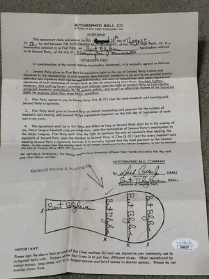 BERT BLYLEVEN TWICE SIGNED 1970 AUTOGRAPH BALL COMPANY CONTRACT w/JSA - Image 1 of 3