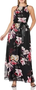 SL Fashions New York Halter Neck FLORAL A-Line Maxi Dress Size 8 Black Red K149 - Picture 1 of 2