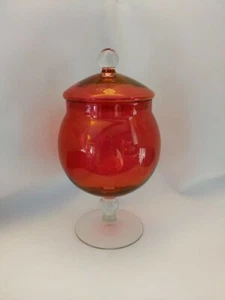 Vtg Empoli Footed Cranberry Flash Glass Apothecary Jar With Top - Picture 1 of 8