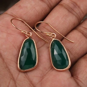Green Onyx Gemstone 18K Gold Plated 925 Silver Dangle Earrings Jewelry - Picture 1 of 3