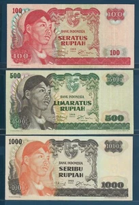 Indonesia 100 500 1000 Rupiah 3 Pcs Lot, 1968, P 108 109 110, UNC - Picture 1 of 2