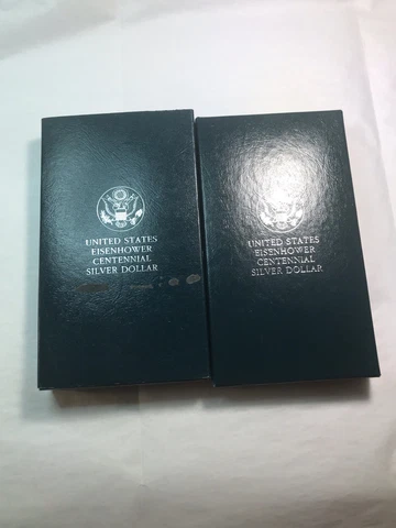Lot of 2 - 1990 Comm. 90% Silver Eisenhower Proof & UNC Dollar Box & COA (#Lv48) Cover