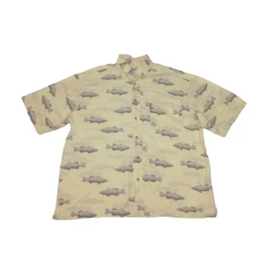 Columbia Men's Large Shirt Yellow Button Up All Over Fish Cotton Viscose - Picture 1 of 6