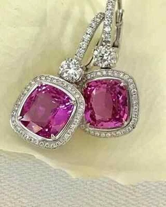 2Ct Cushion Cut Lab Created Pink Ruby Drop Wedding Earring 14K White Gold Plated - Picture 1 of 5